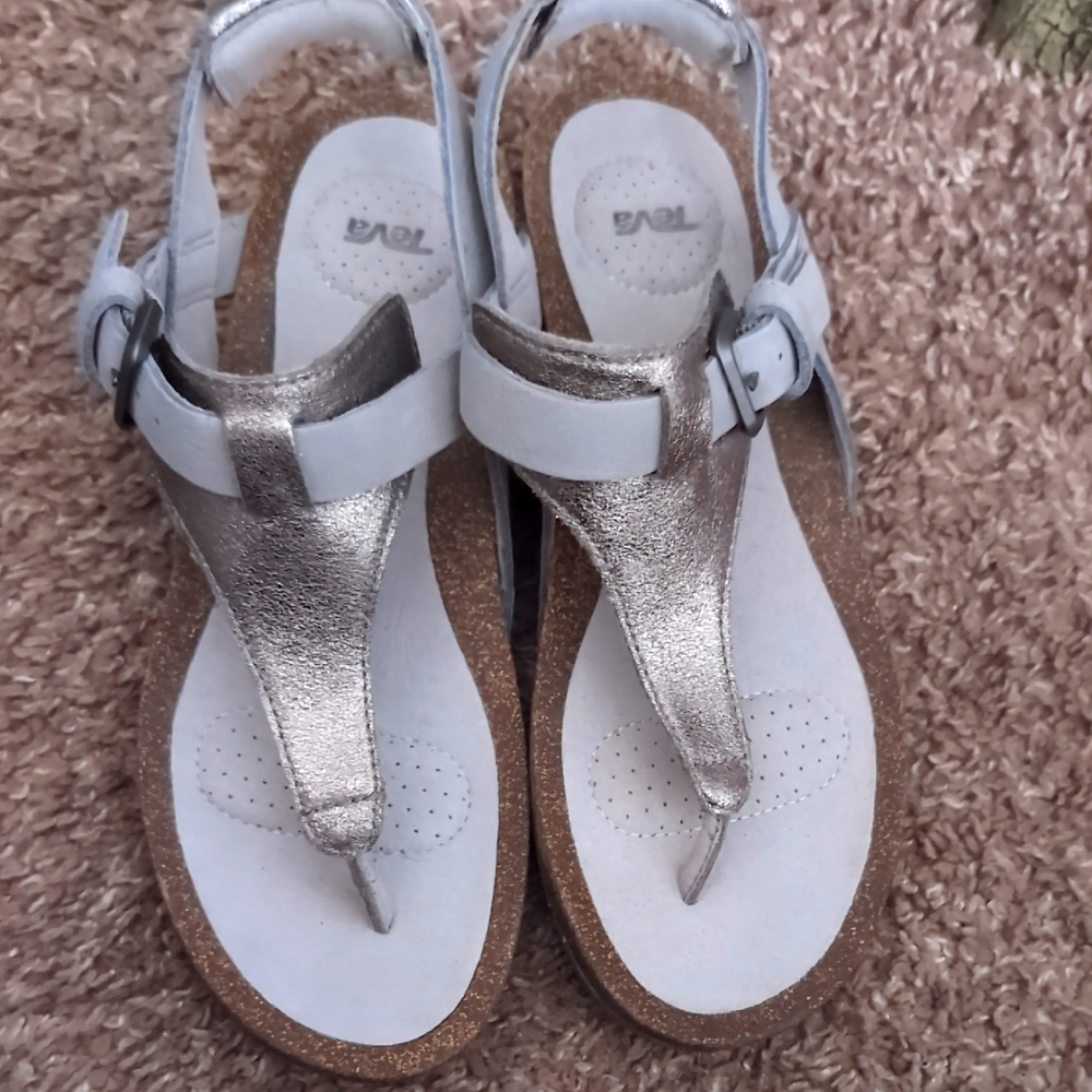 Teva Metallic Silver and White Wedge Sandals